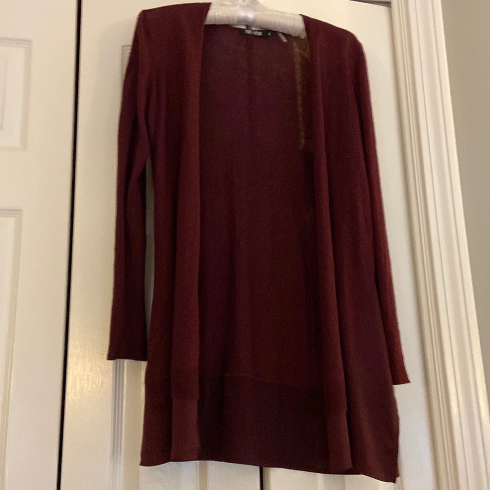 Cranberry long linen and silky detail cardigan. Size PP (Petite Petite)= XSP